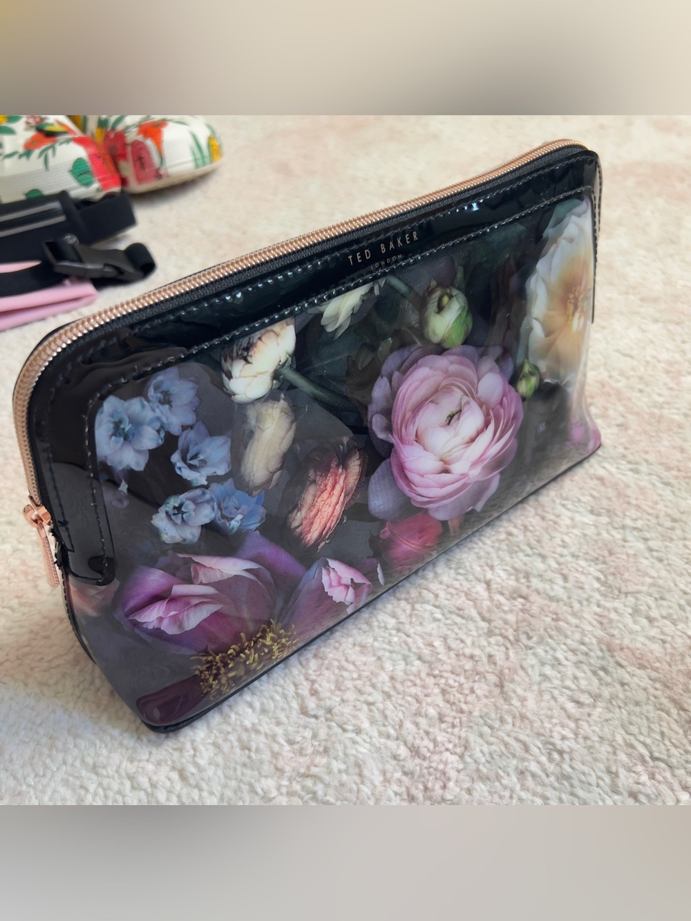 Ted Baker Black Floral Glossy Cosmetic Case with Rose Gold Zipper